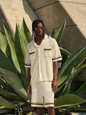 CROCHET KNITTED STRIPE BUTTON THROUGH SHIRT - OFF WHITE