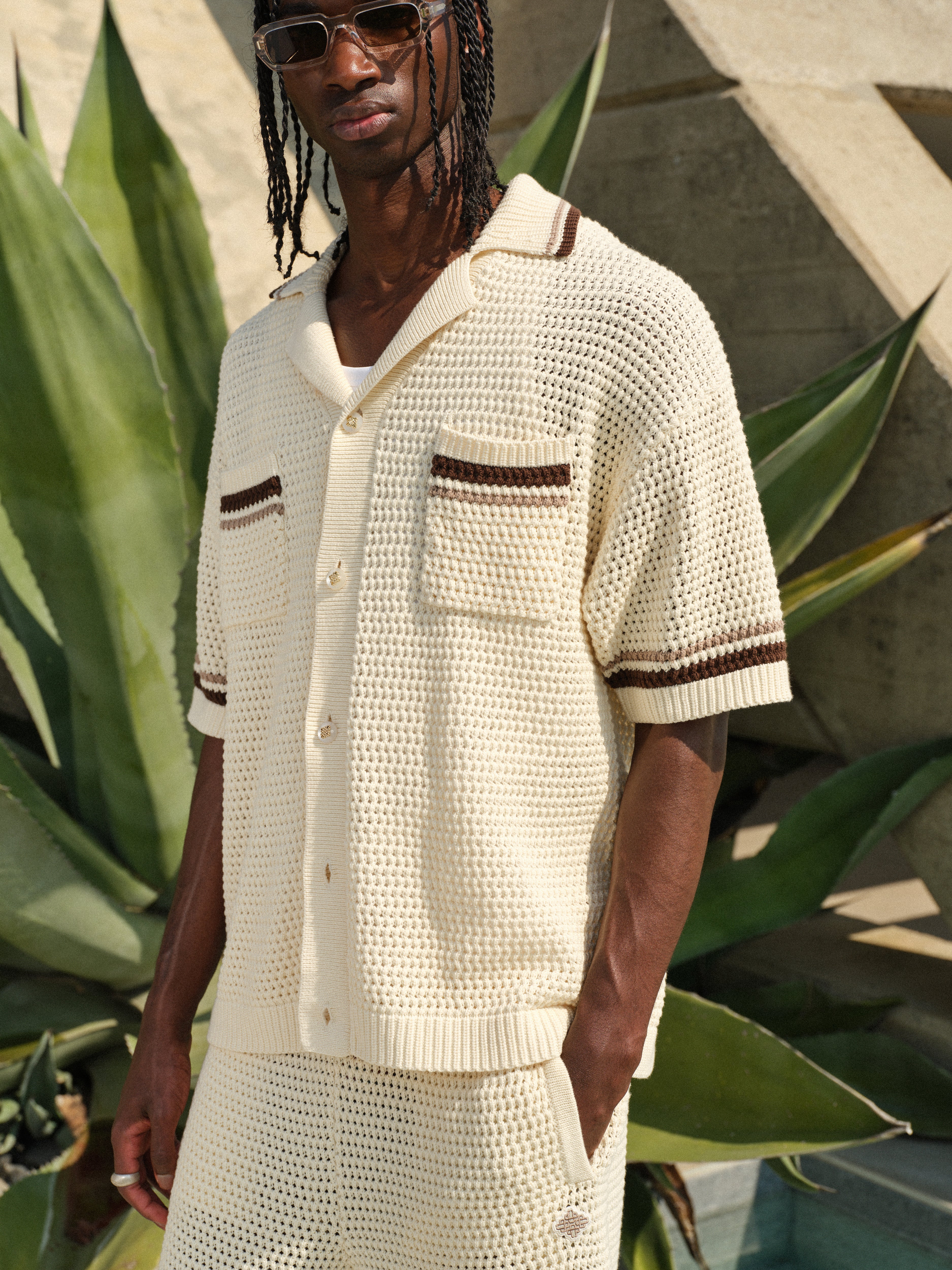 CROCHET KNITTED STRIPE BUTTON THROUGH SHIRT - OFF WHITE
