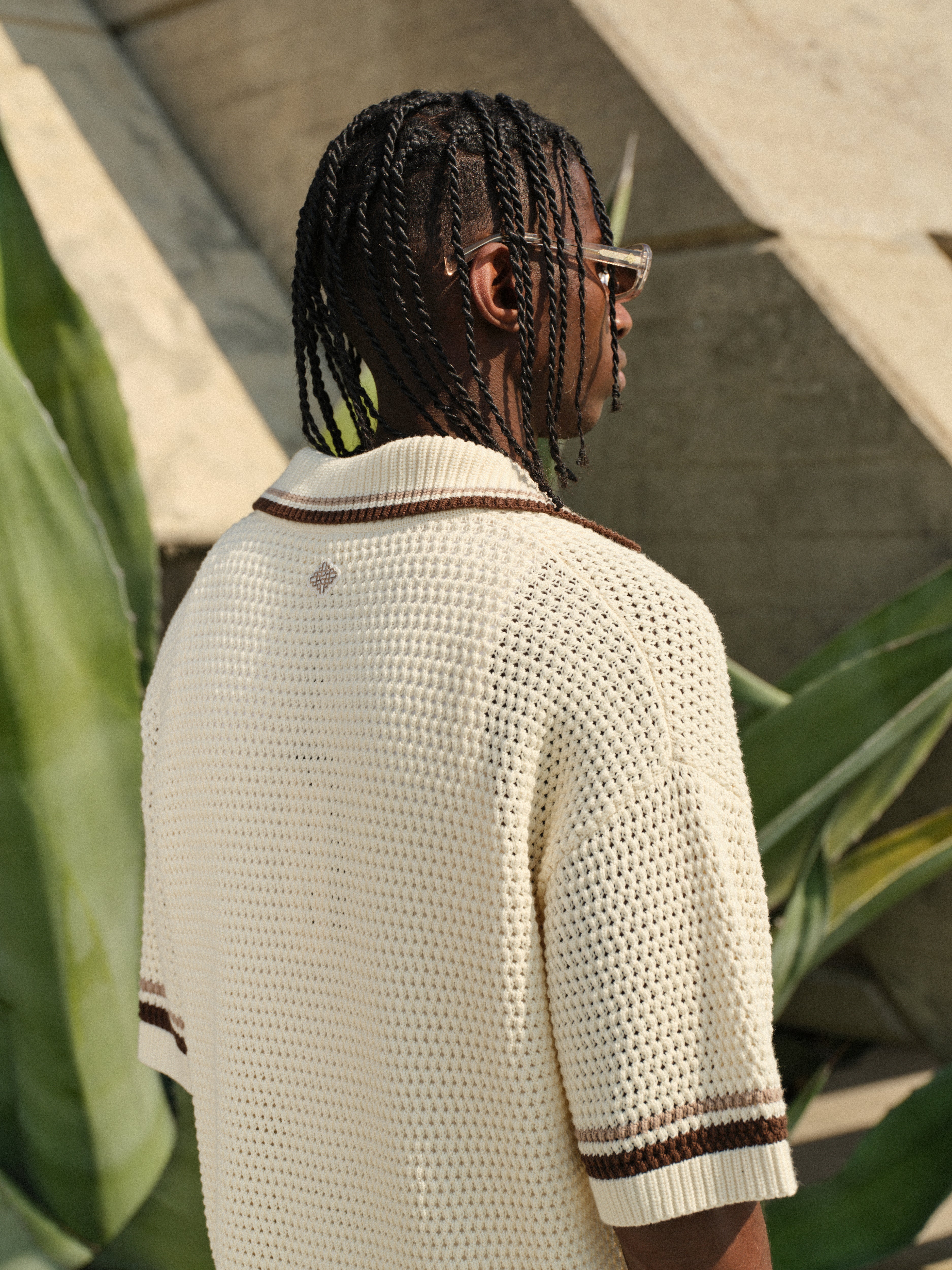 CROCHET KNITTED STRIPE BUTTON THROUGH SHIRT - OFF WHITE