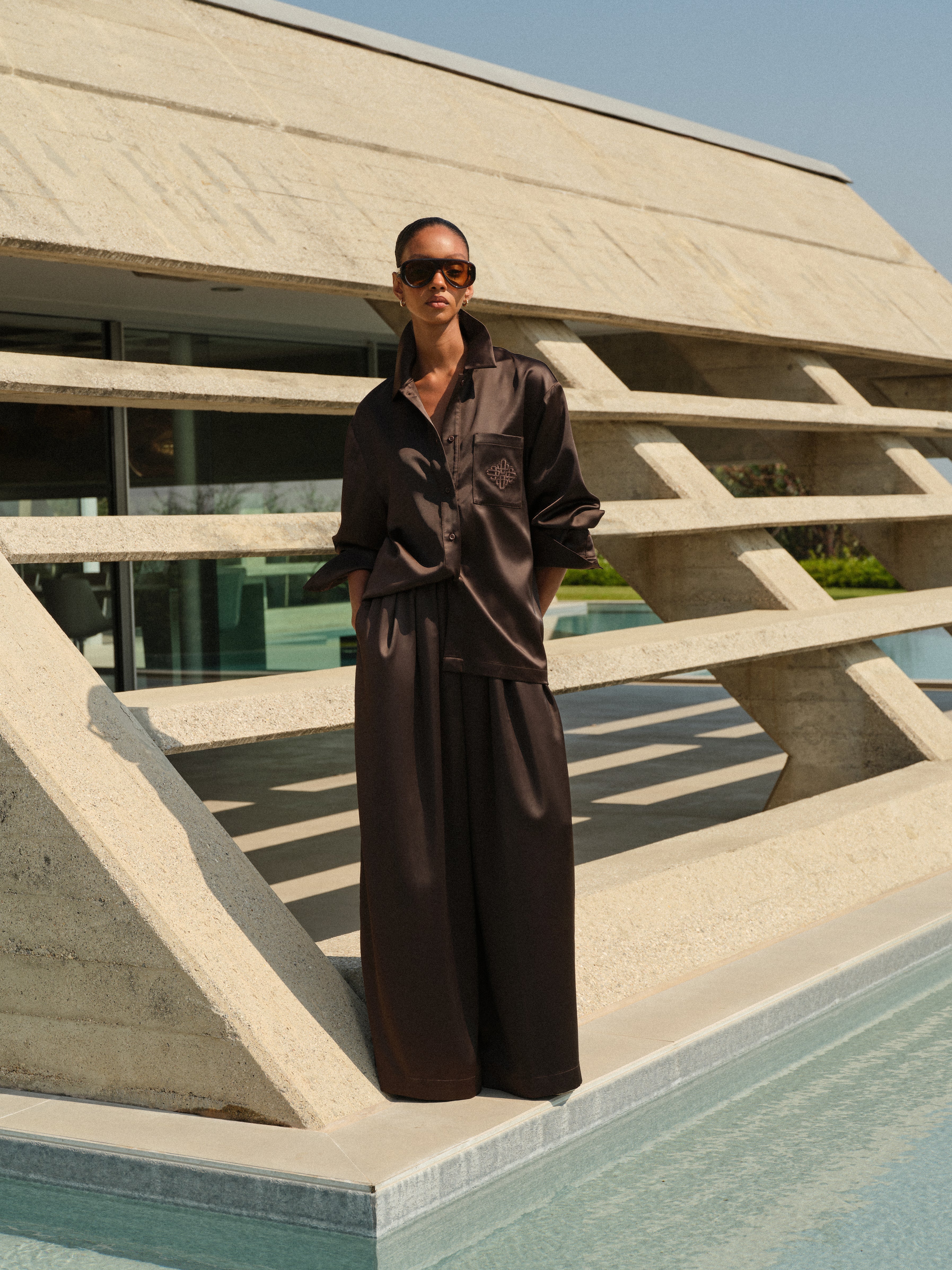 SATIN WIDE LEG TROUSERS - CHOCOLATE