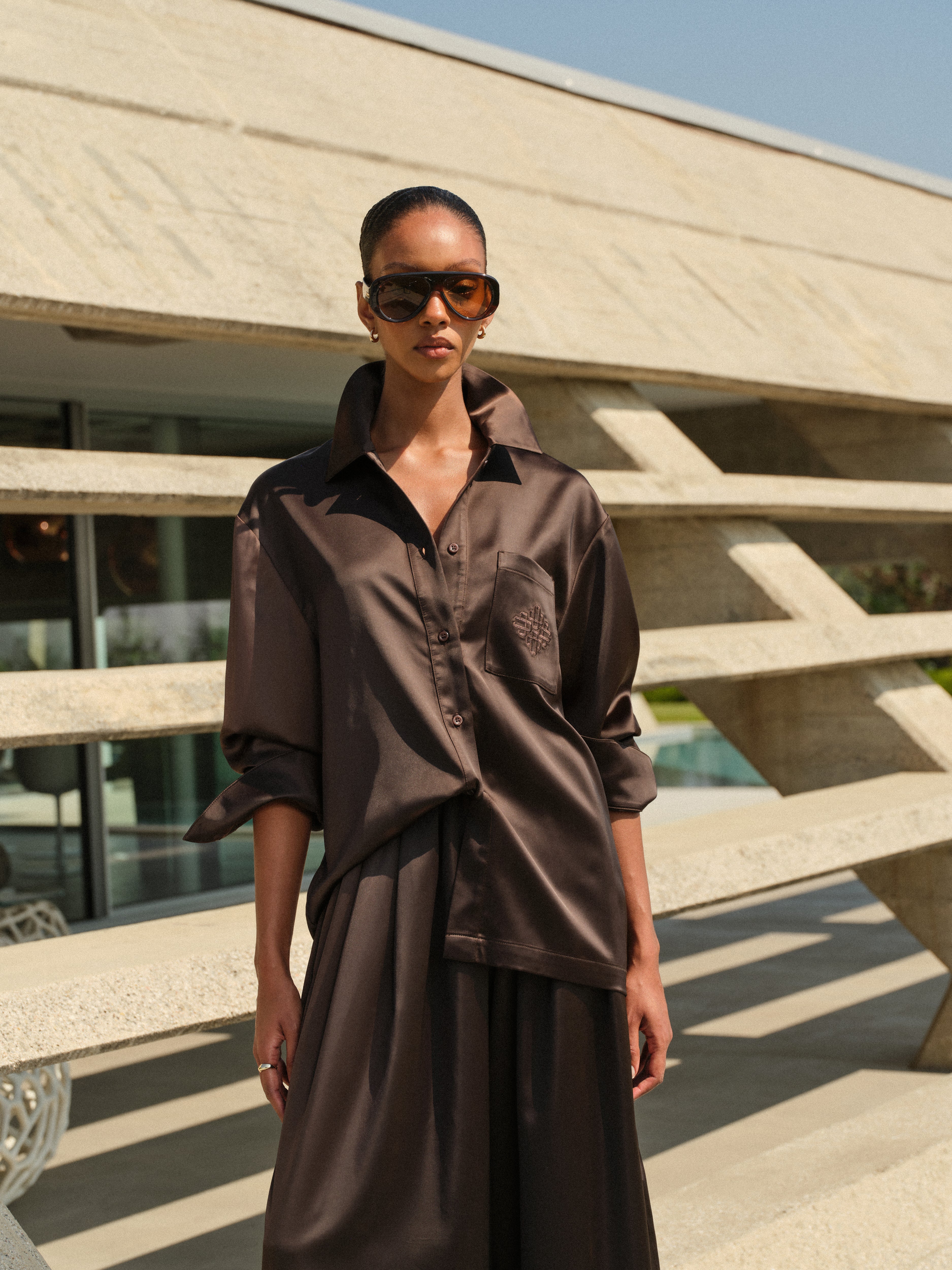TIE BACK SATIN SHIRT - CHOCOLATE