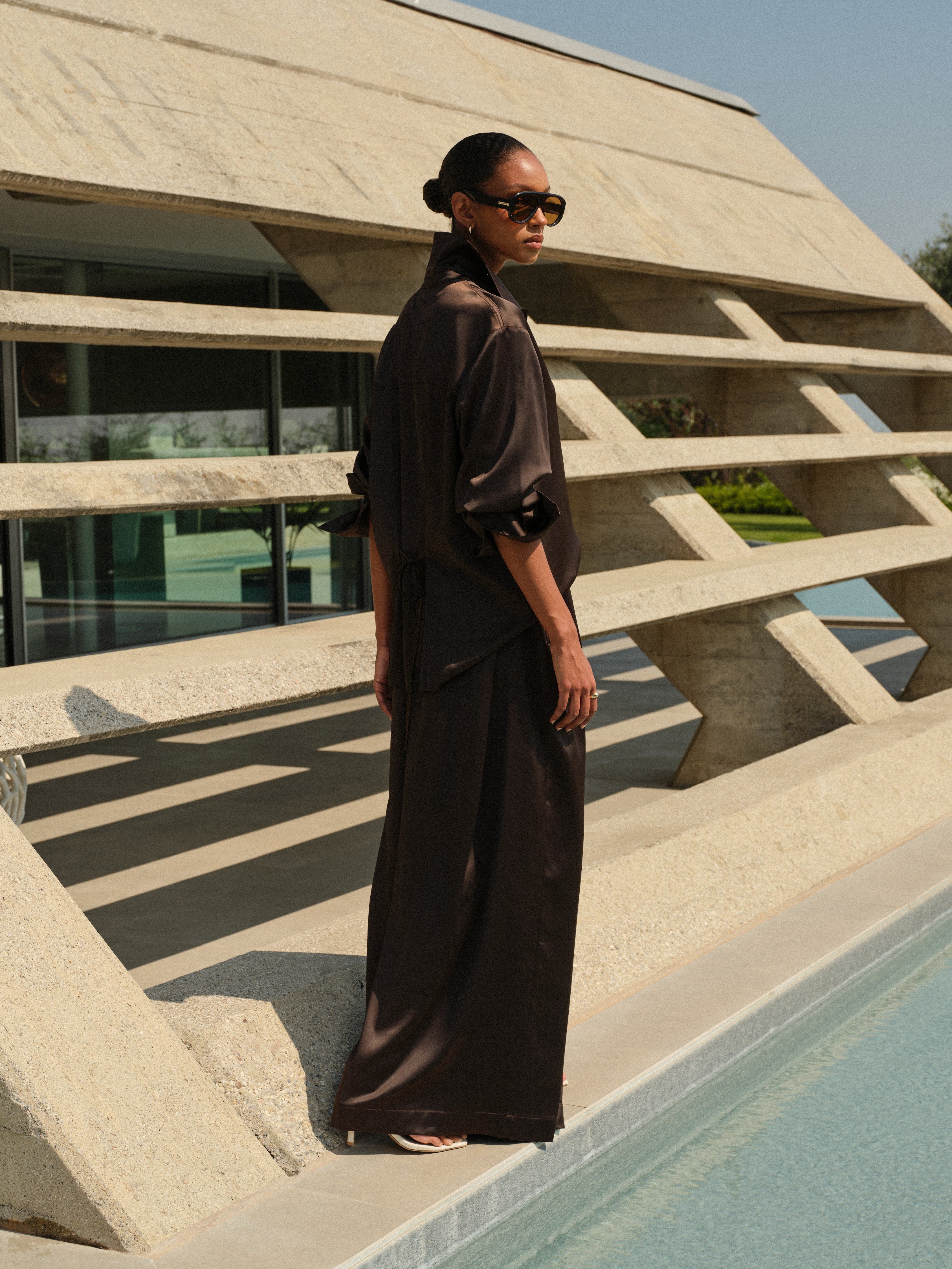SATIN WIDE LEG TROUSERS - CHOCOLATE