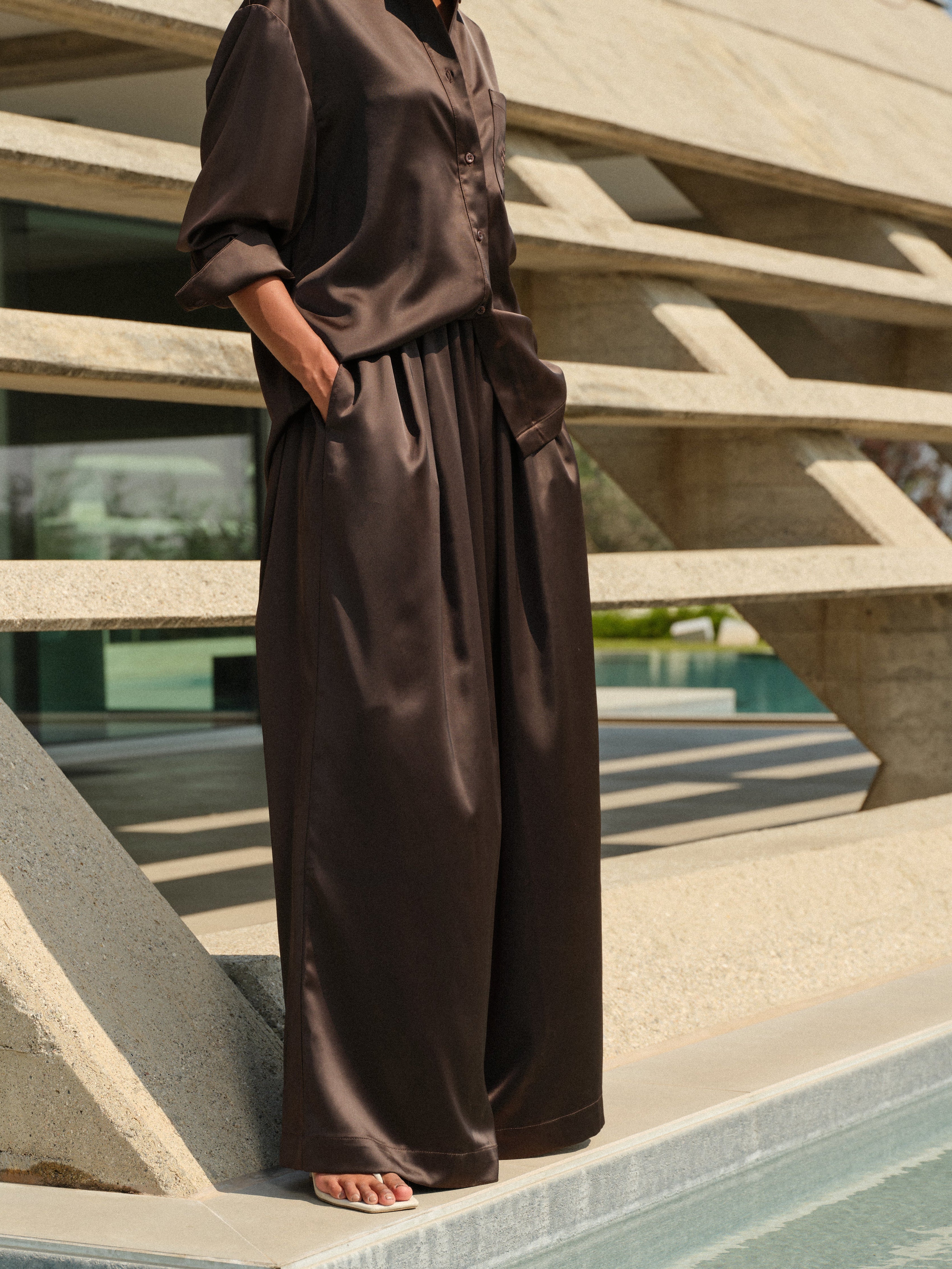 SATIN WIDE LEG TROUSERS - CHOCOLATE