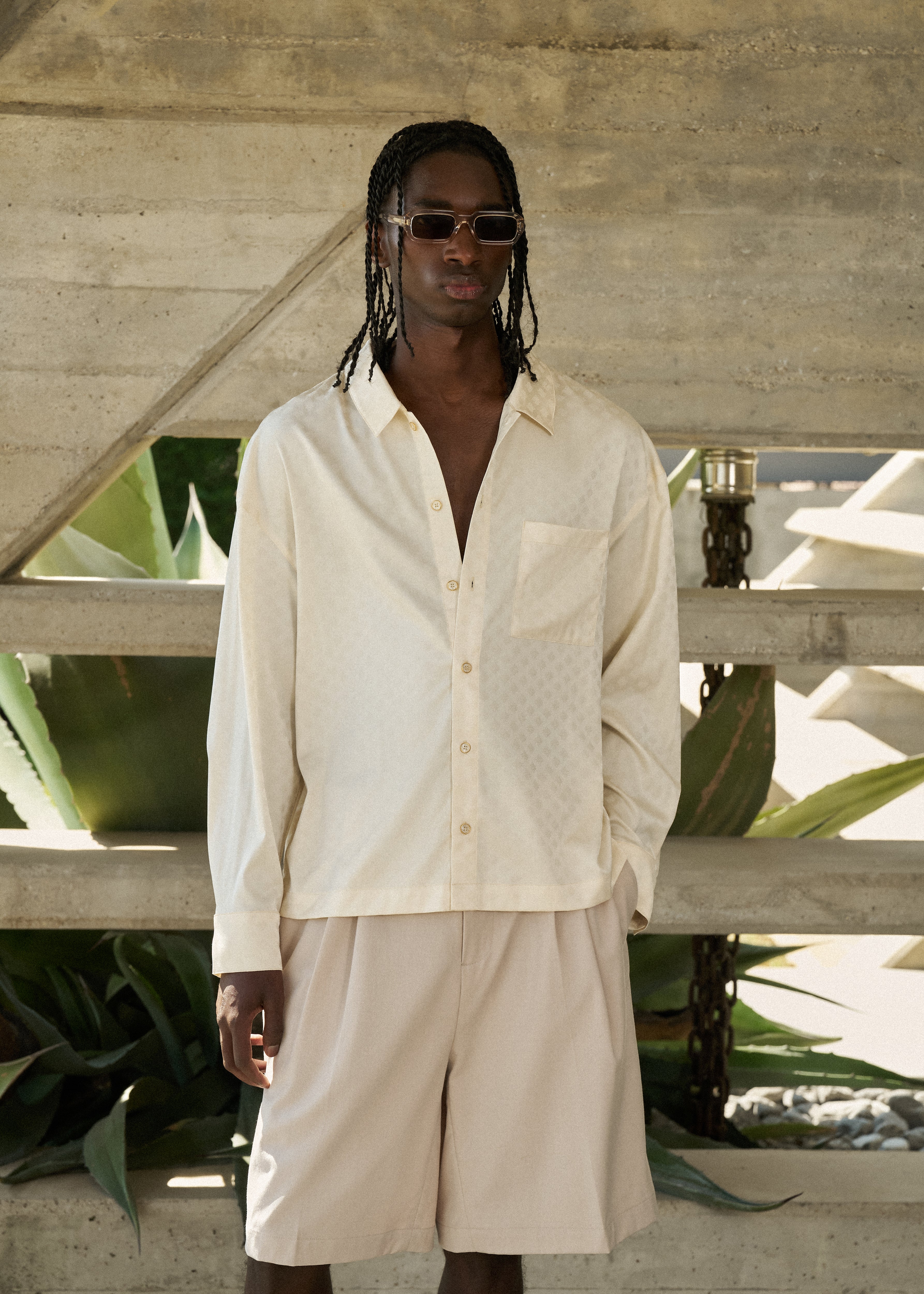 SATIN JACQUARD LONG SLEEVE SHIRT - OFF WHITE