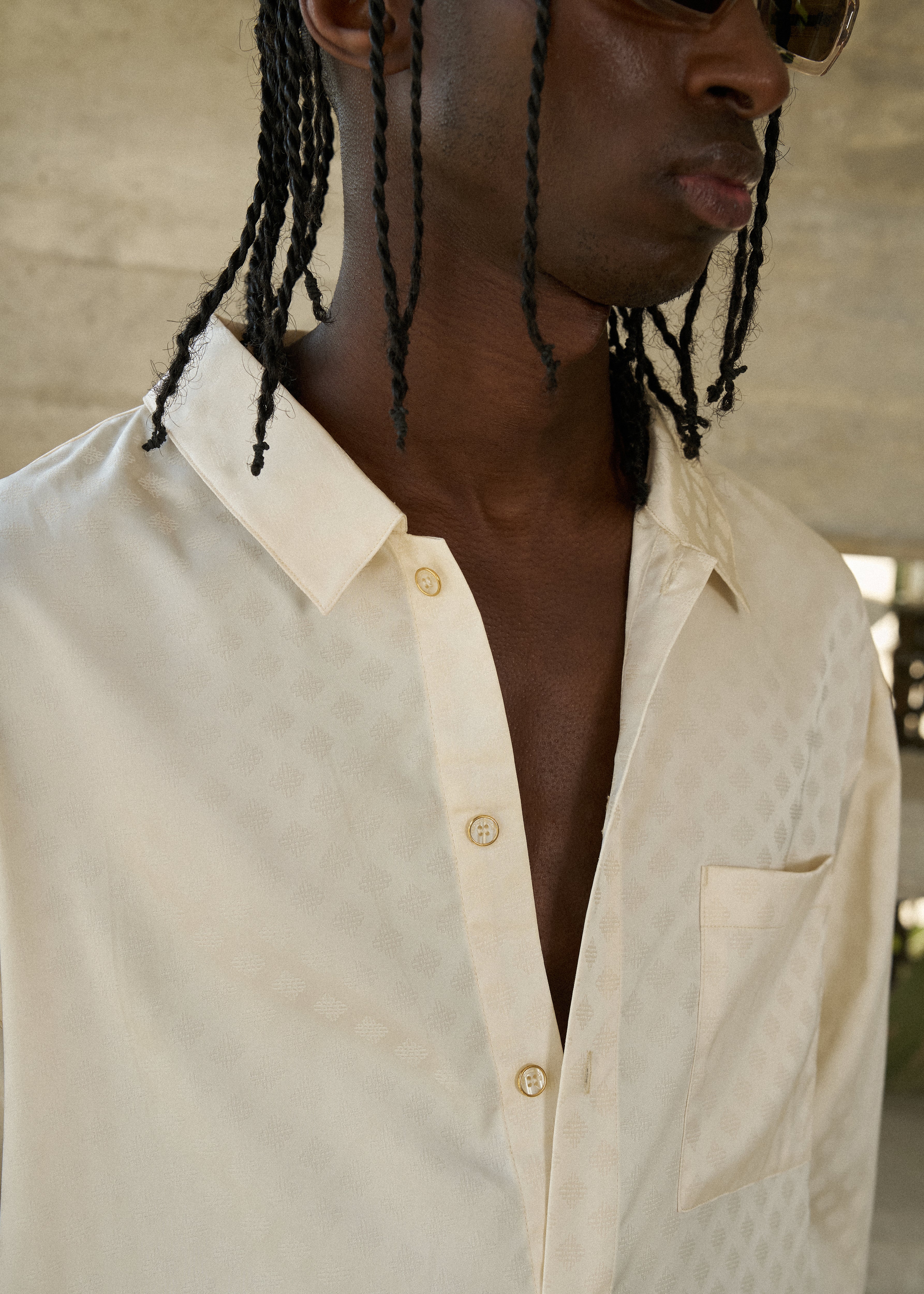 SATIN JACQUARD LONG SLEEVE SHIRT - OFF WHITE