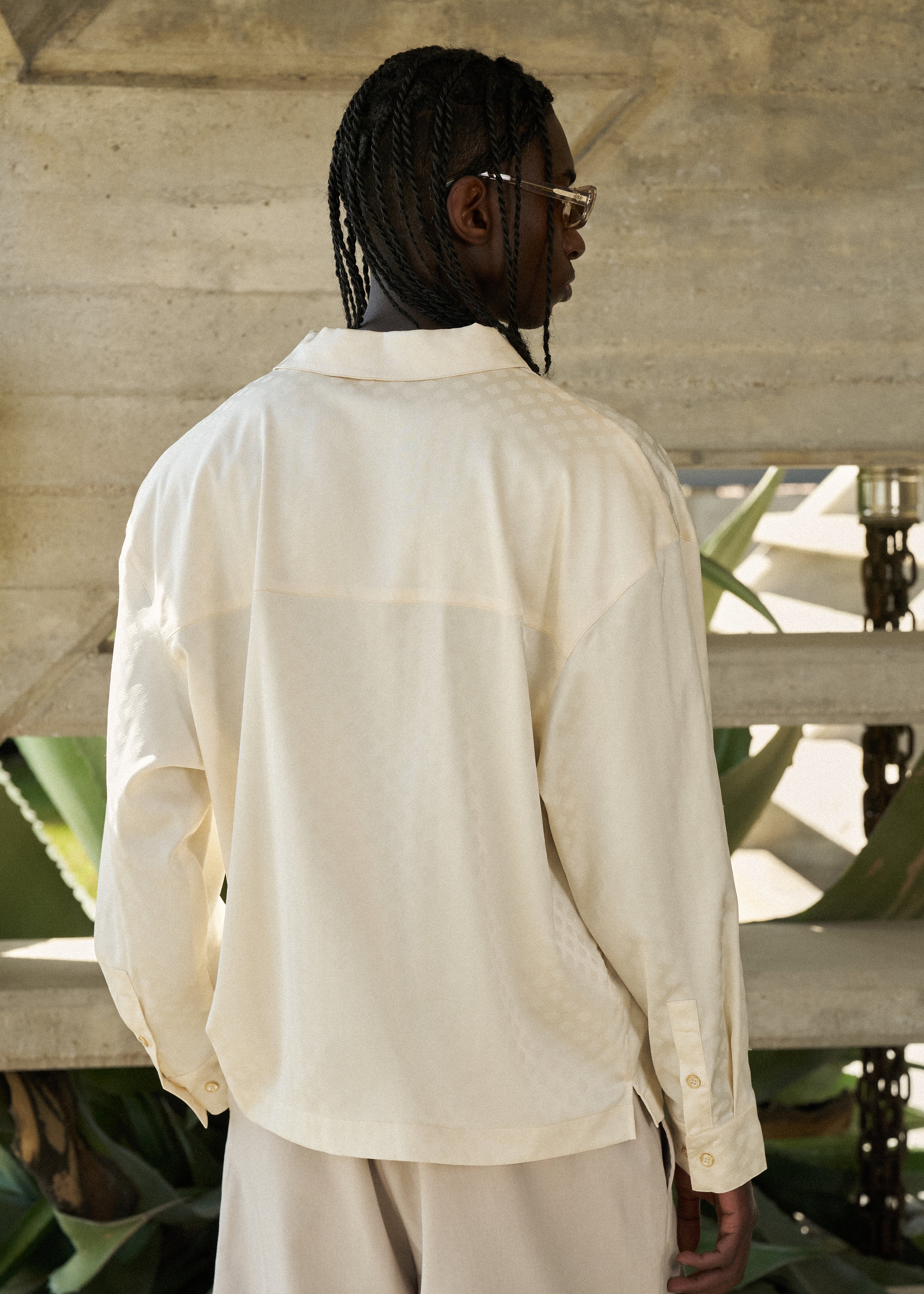 SATIN JACQUARD LONG SLEEVE SHIRT - OFF WHITE