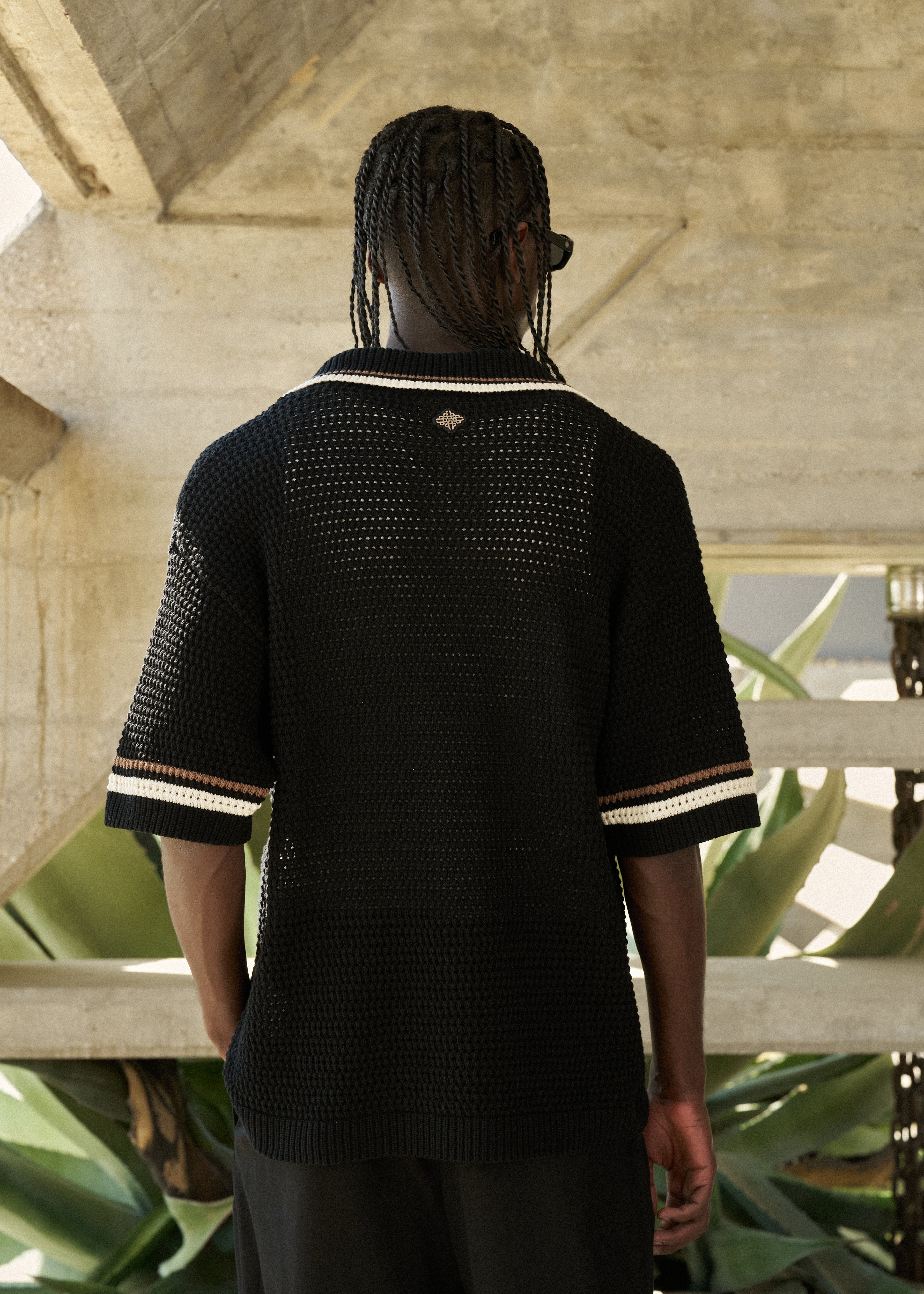 CROCHET KNITTED STRIPE BUTTON THROUGH SHIRT - BLACK