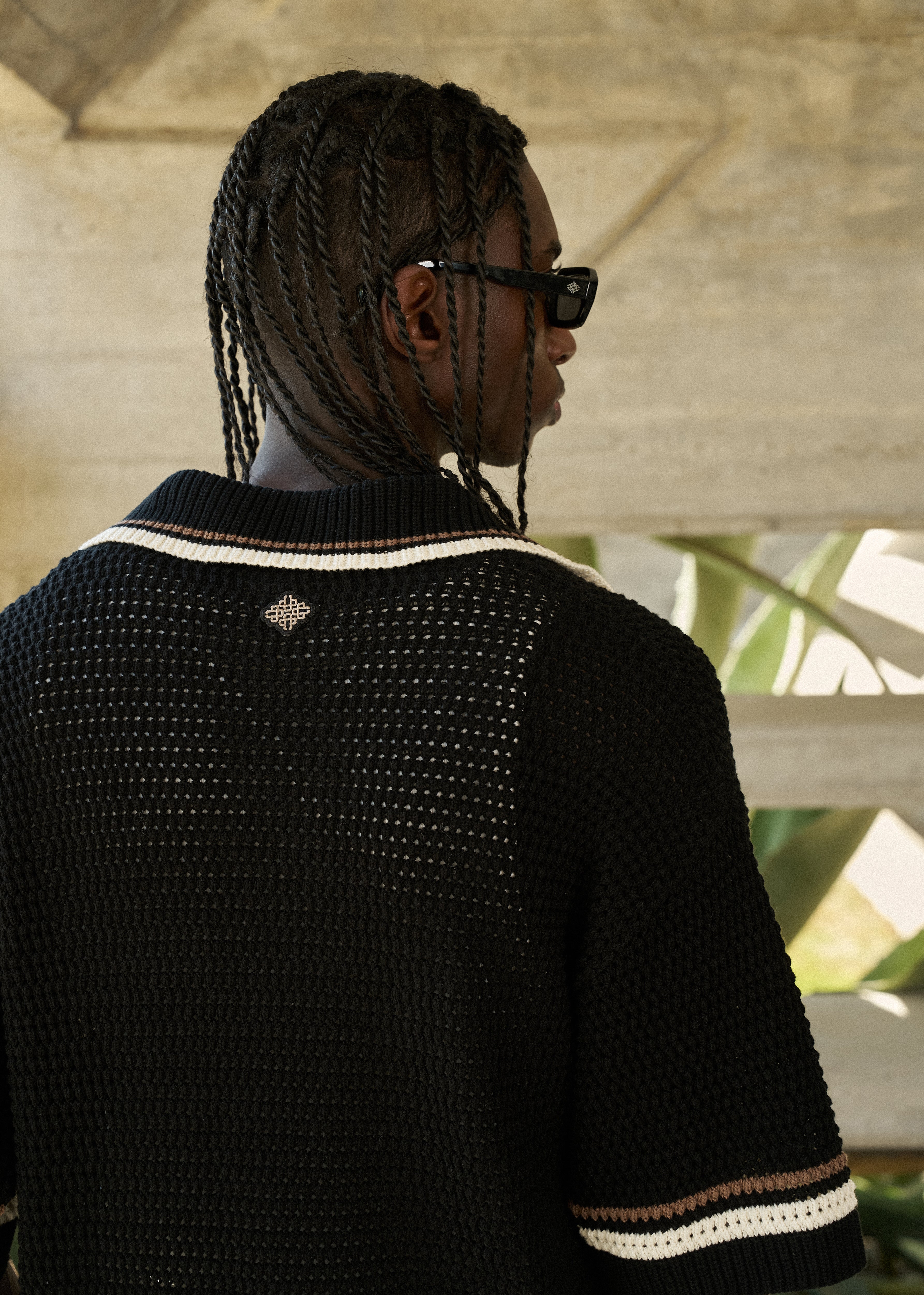 CROCHET KNITTED STRIPE BUTTON THROUGH SHIRT - BLACK