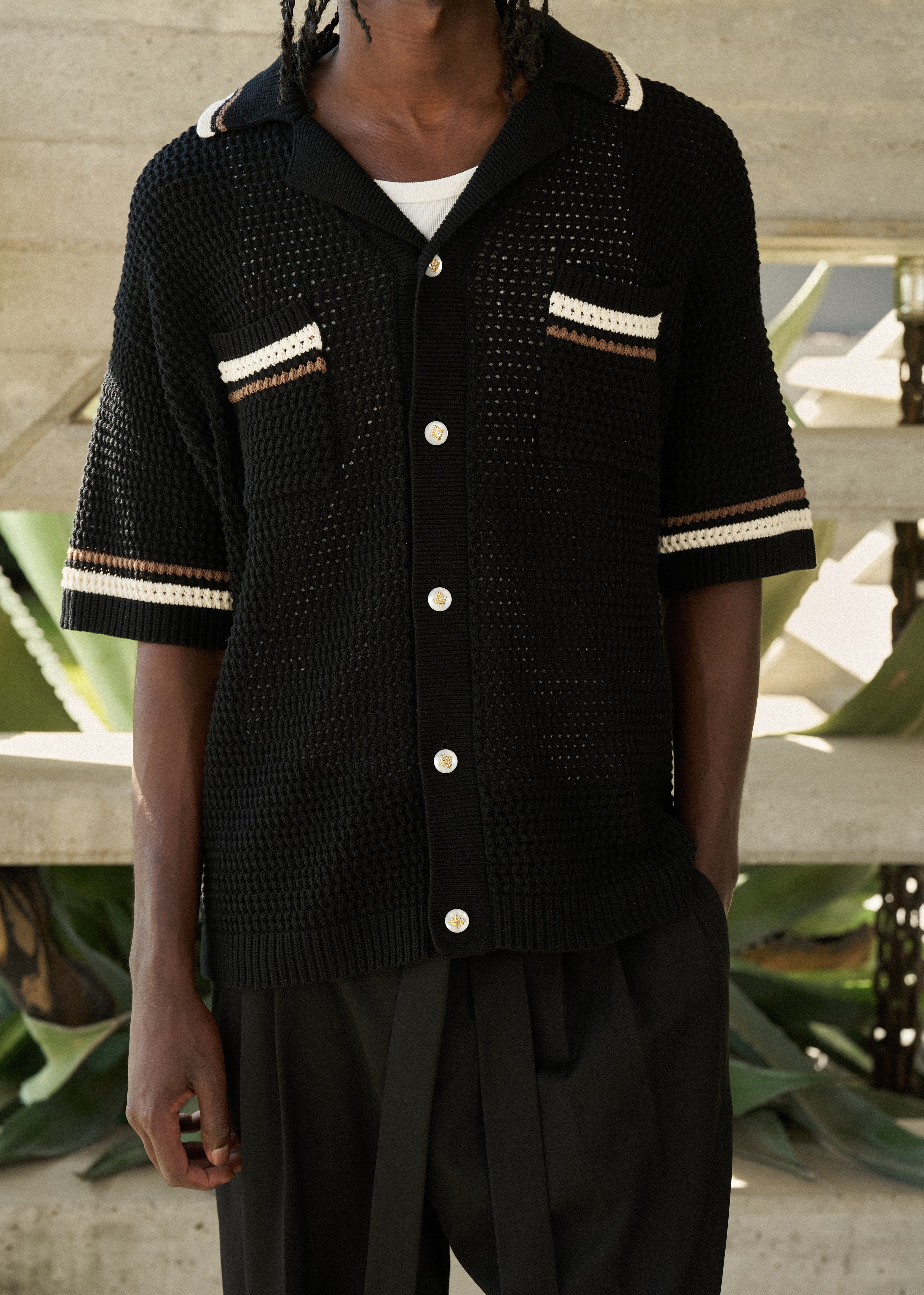 CROCHET KNITTED STRIPE BUTTON THROUGH SHIRT - BLACK