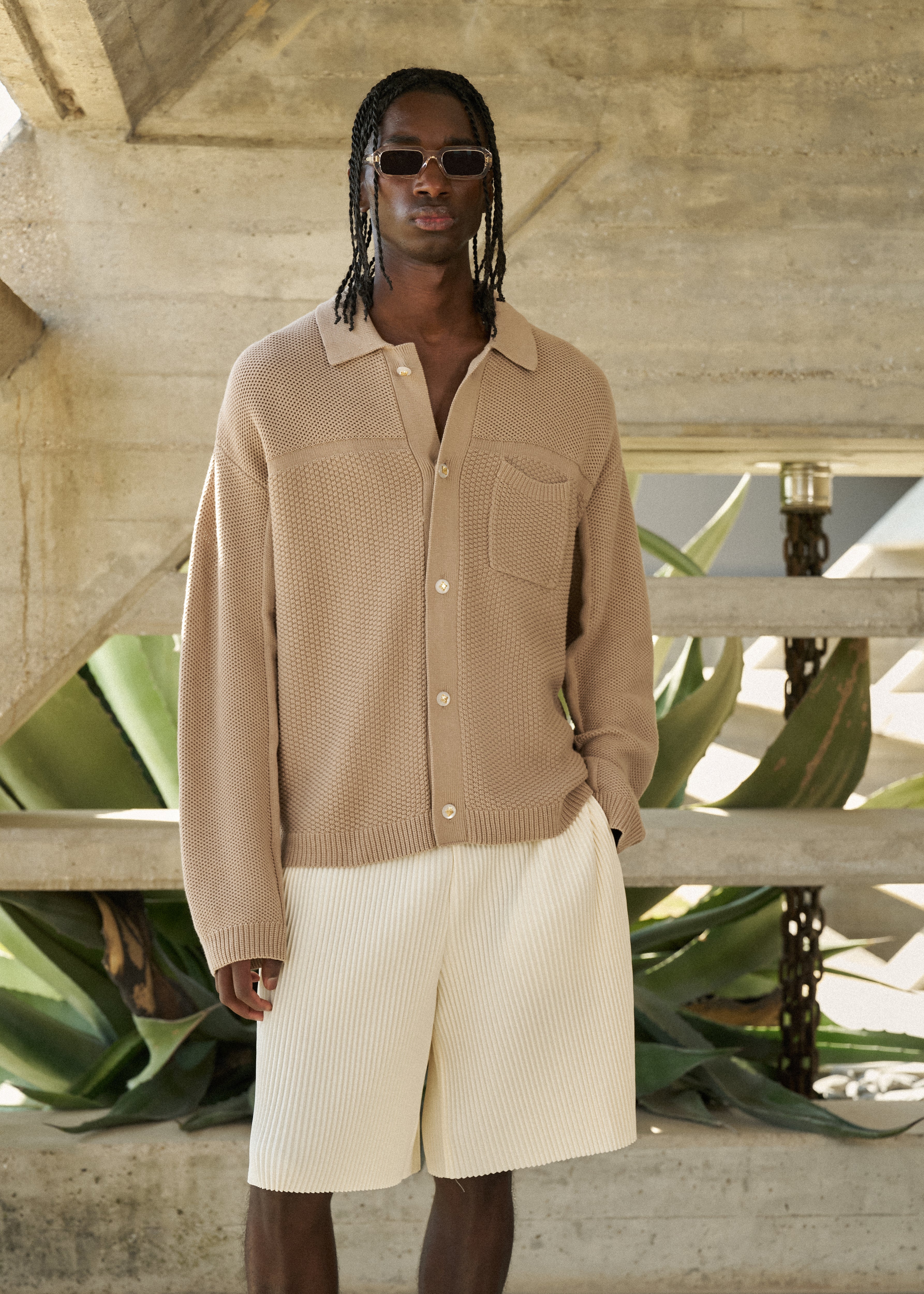 CONTRAST KNIT CROCHET LONG SLEEVE SHIRT - BROWN
