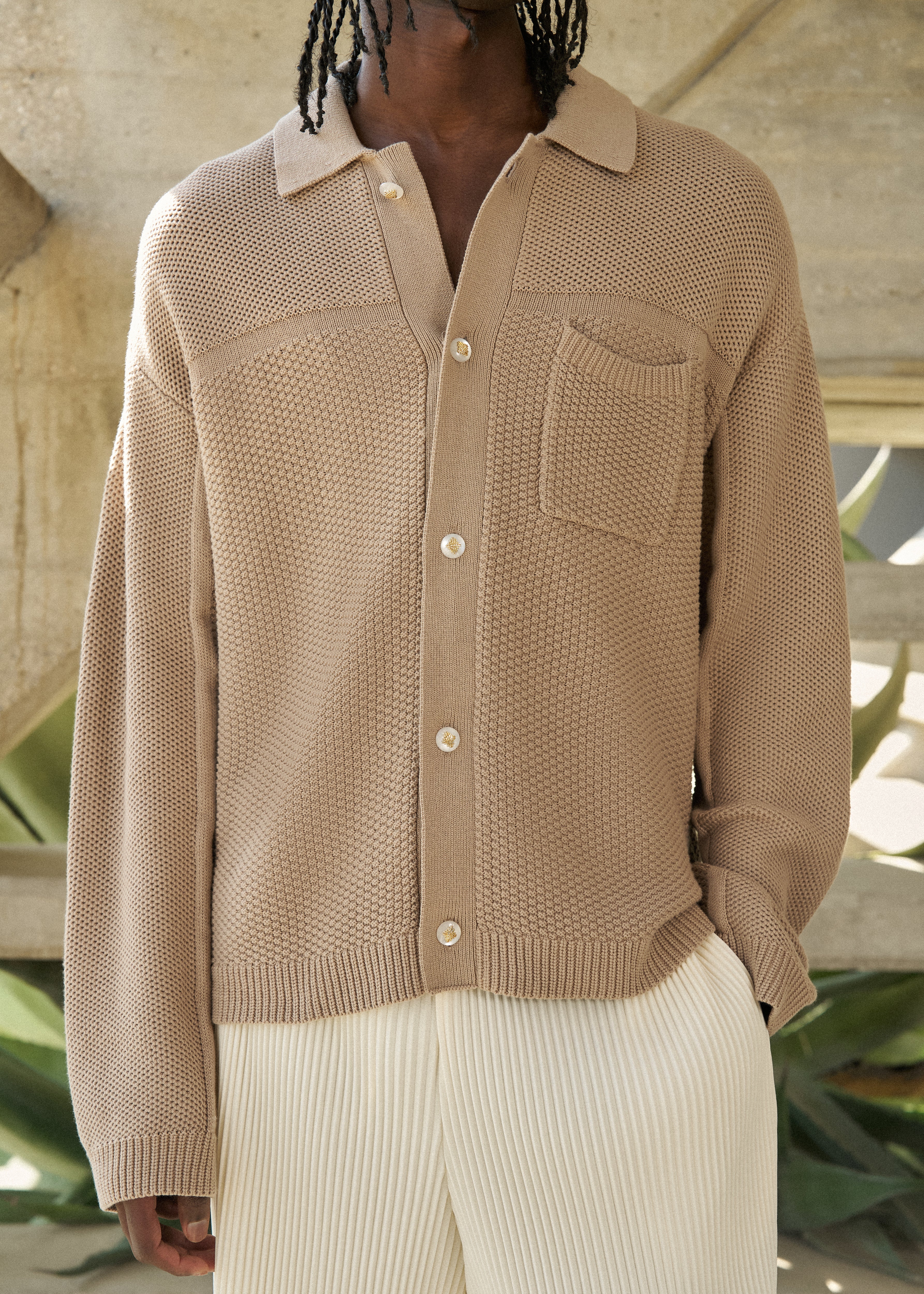 CONTRAST KNIT CROCHET LONG SLEEVE SHIRT - BROWN