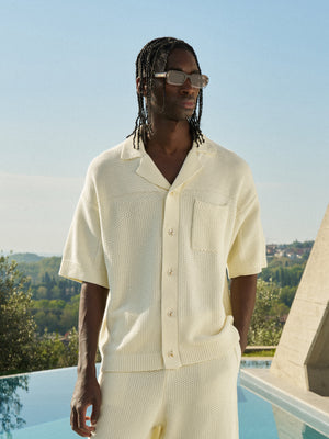 CONTRAST KNIT CROCHET SHIRT - OFF WHITE