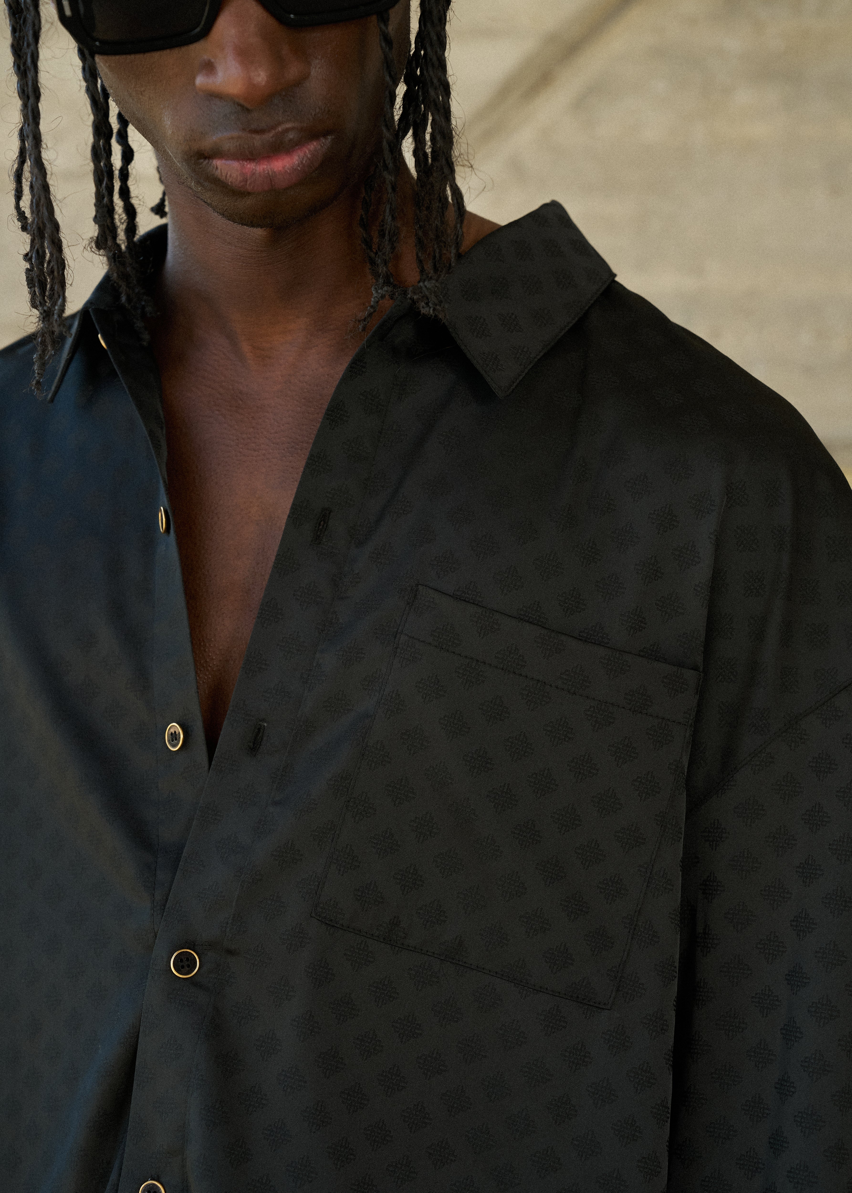 SATIN JACQUARD LONG SLEEVE SHIRT - BLACK