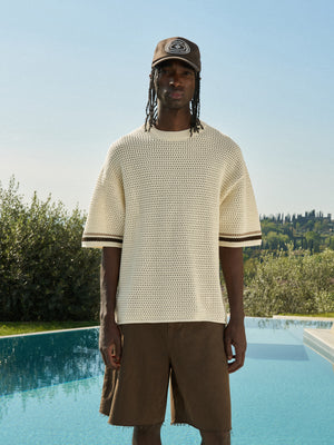 CROCHET KNITTED STRIPE T-SHIRT - OFF WHITE