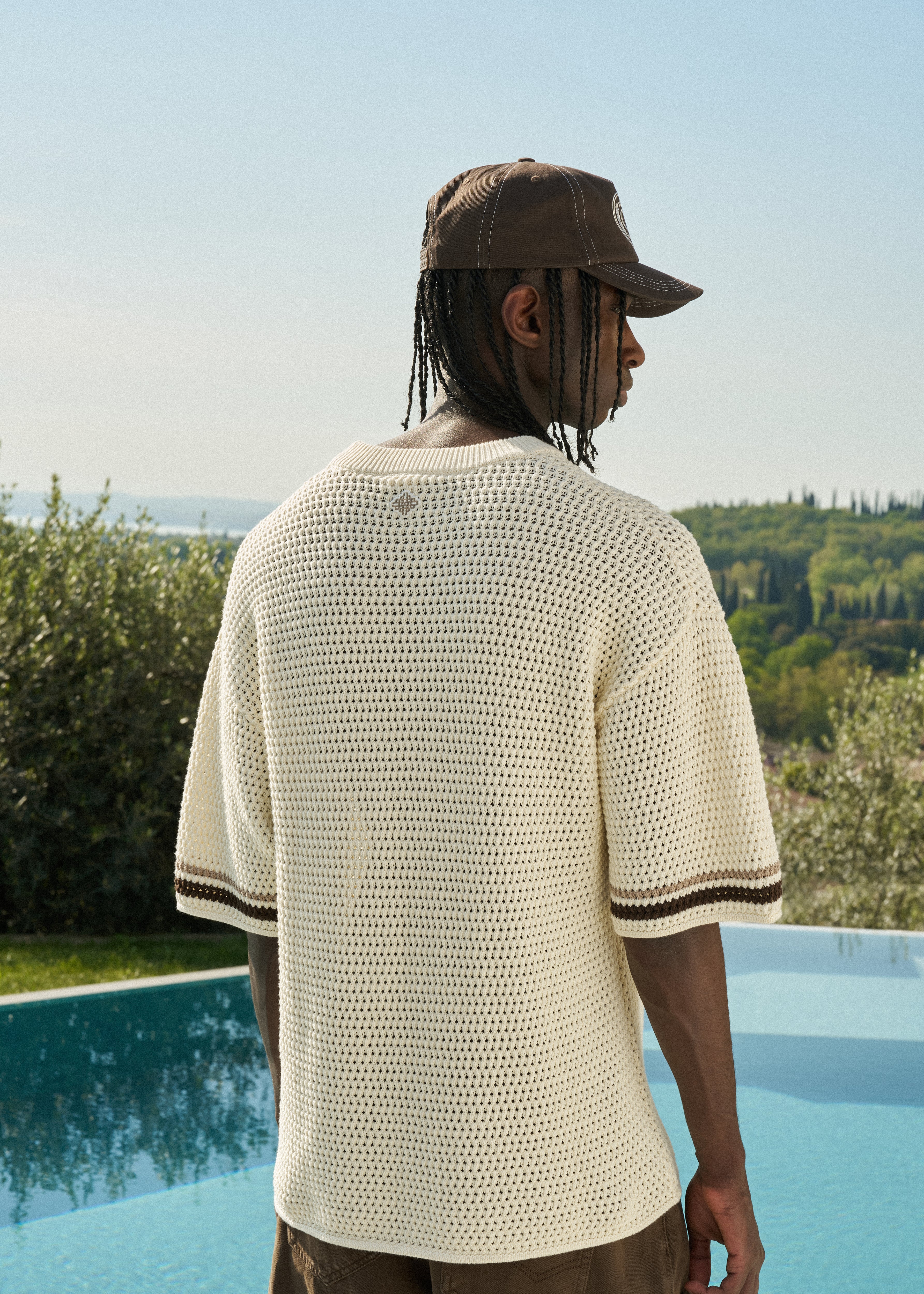 CROCHET KNITTED STRIPE T-SHIRT - OFF WHITE