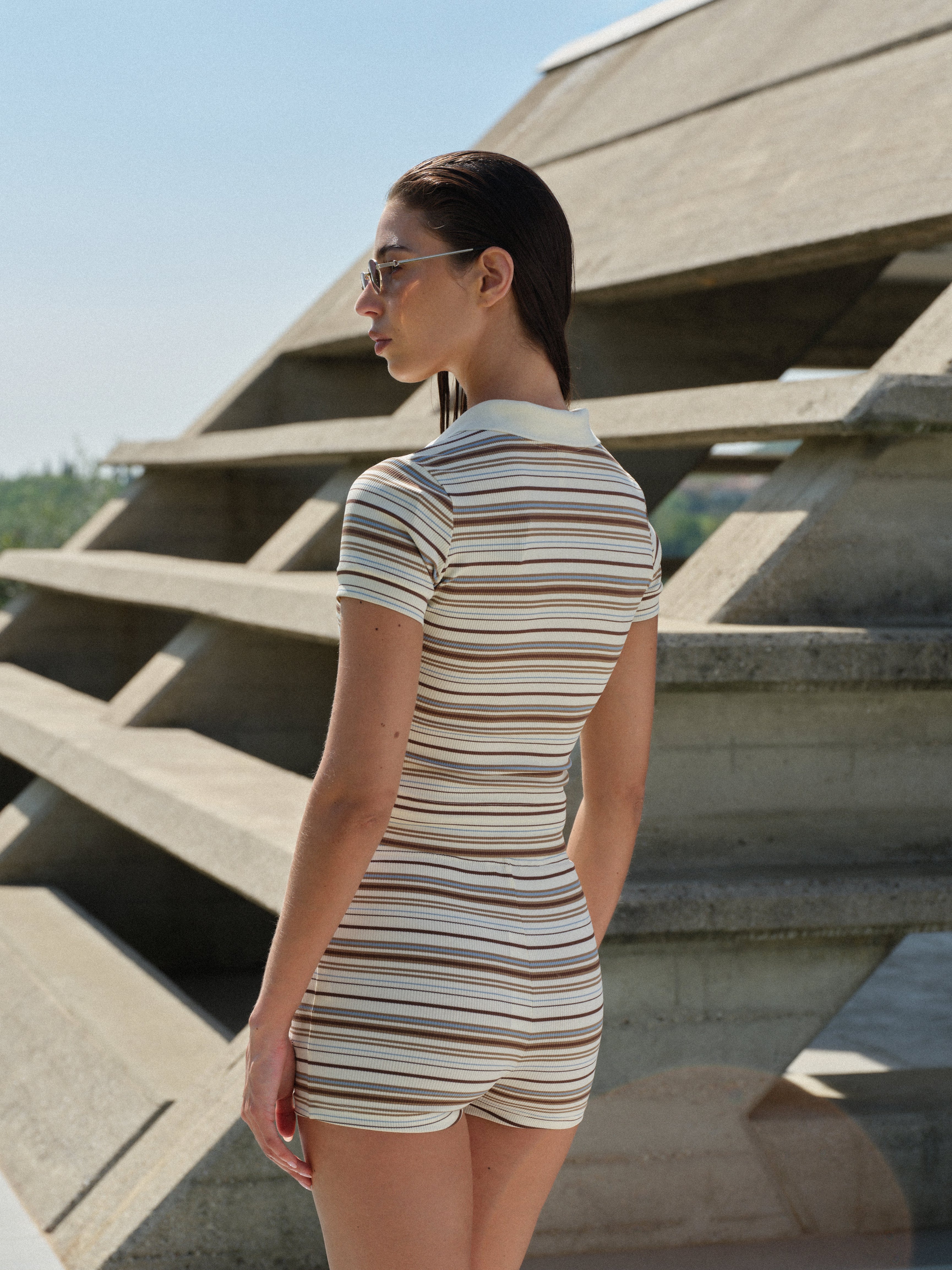 STRIPE SHORT SLEEVE POLO TOP - BEIGE