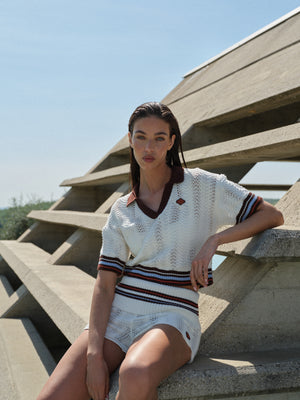 OPEN COLLAR CROCHET CROP SHIRT - CHOCOLATE