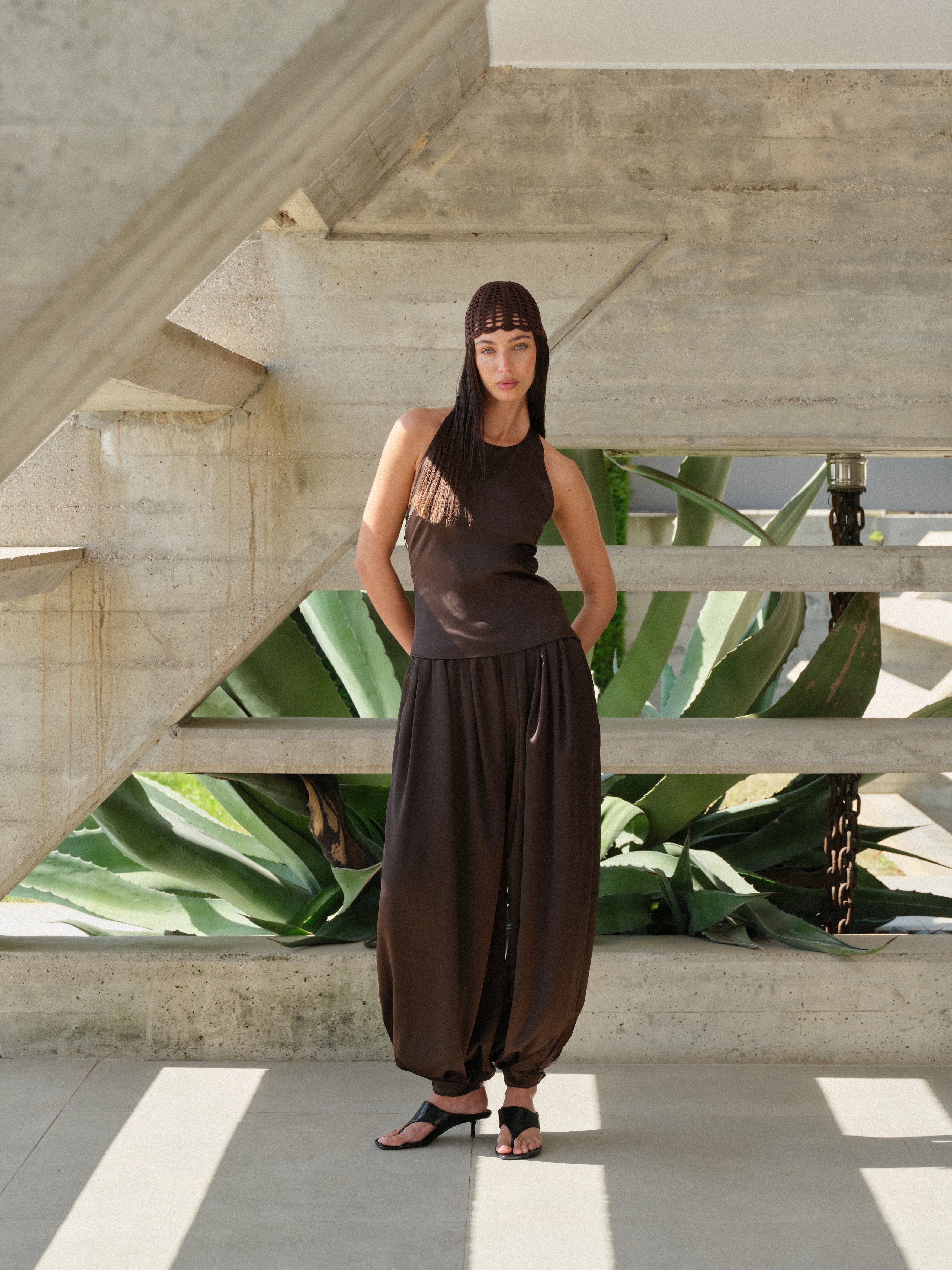 SATIN HIGH NECK TOP - CHOCOLATE