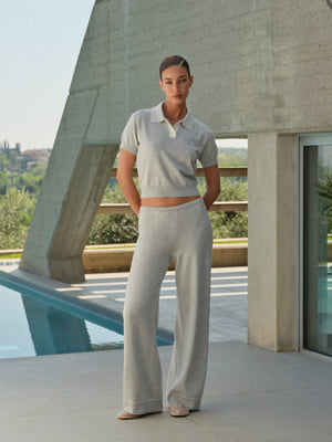 KNITTED COLLAR POLO TOP - GREYMARL