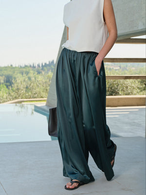 SATIN WIDE LEG TROUSERS - FOREST GREEN