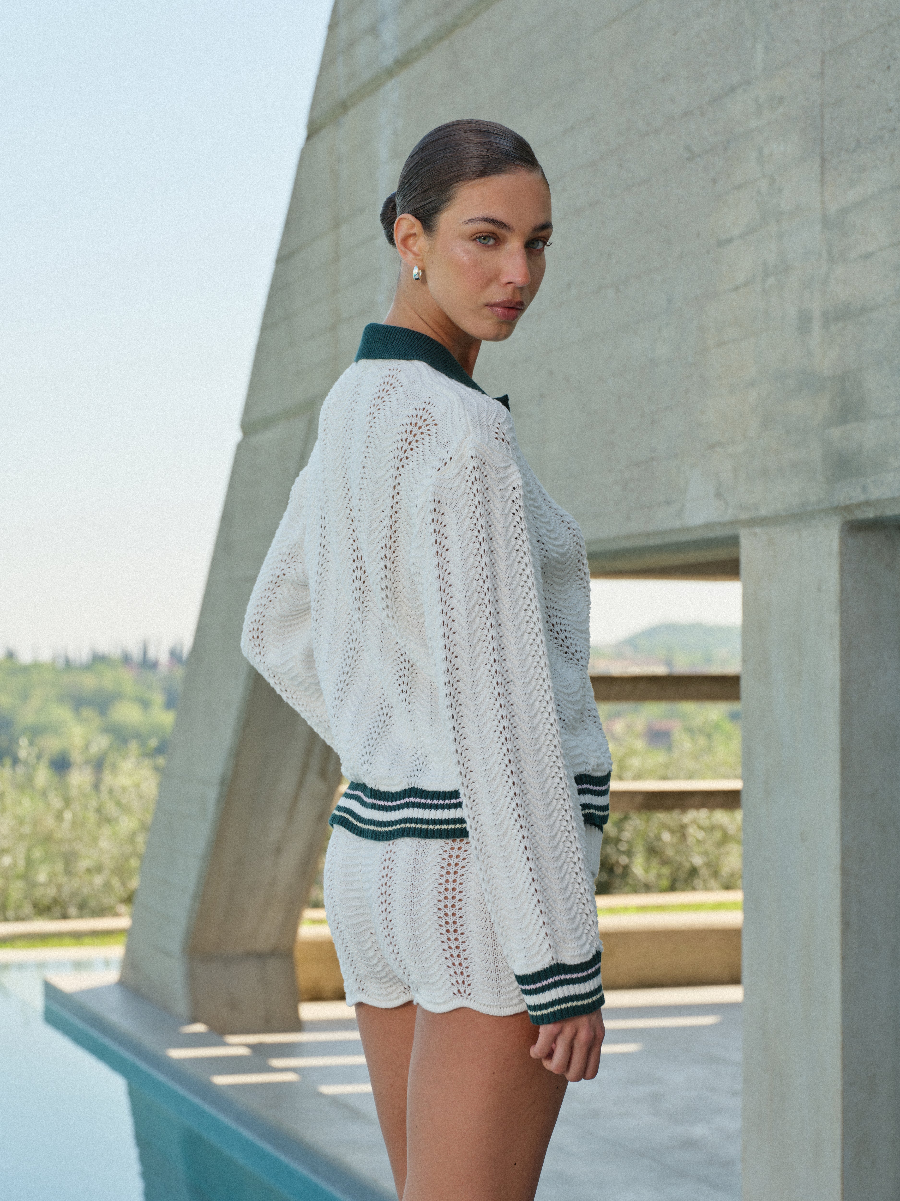 LONG SLEEVE CROCHET SHIRT - FOREST GREEN