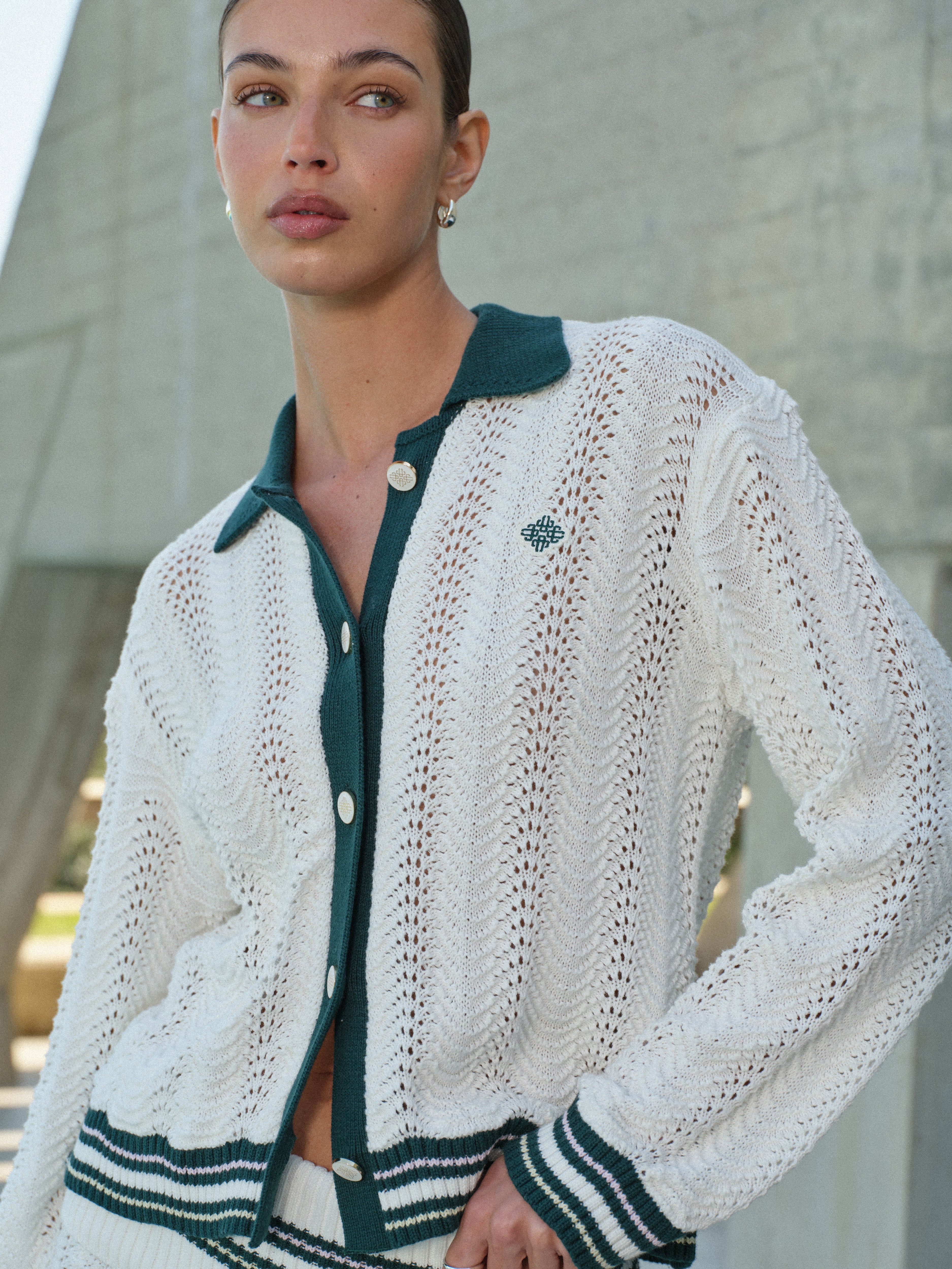 LONG SLEEVE CROCHET SHIRT - FOREST GREEN