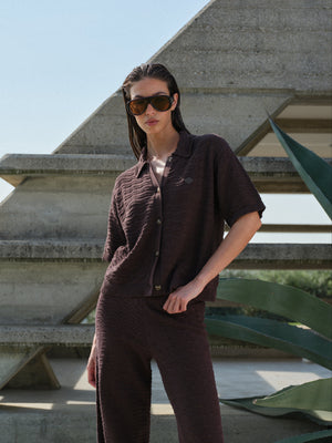 CROCHET KNIT SHORT SLEEVE SHIRT - BROWN