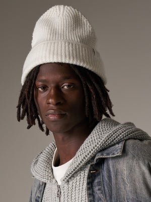 WAFFLE KNIT EMBLEM BEANIE - WHITE