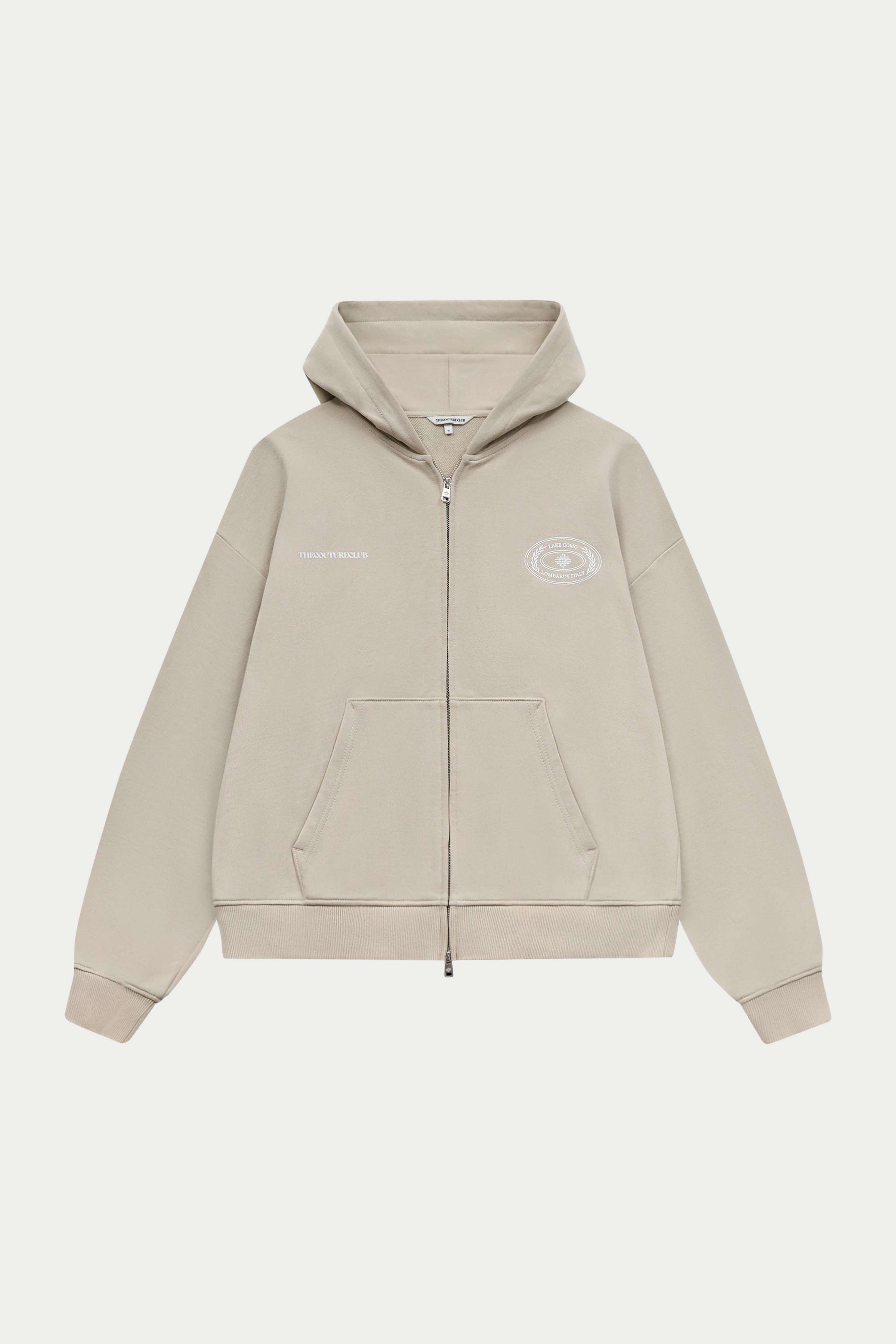 Beige hoodie with a brand logo on a white background