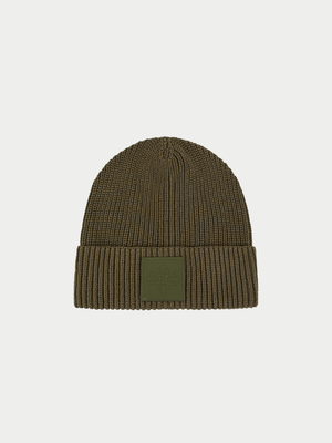 RIBBED EMBLEM BEANIE - KHAKI