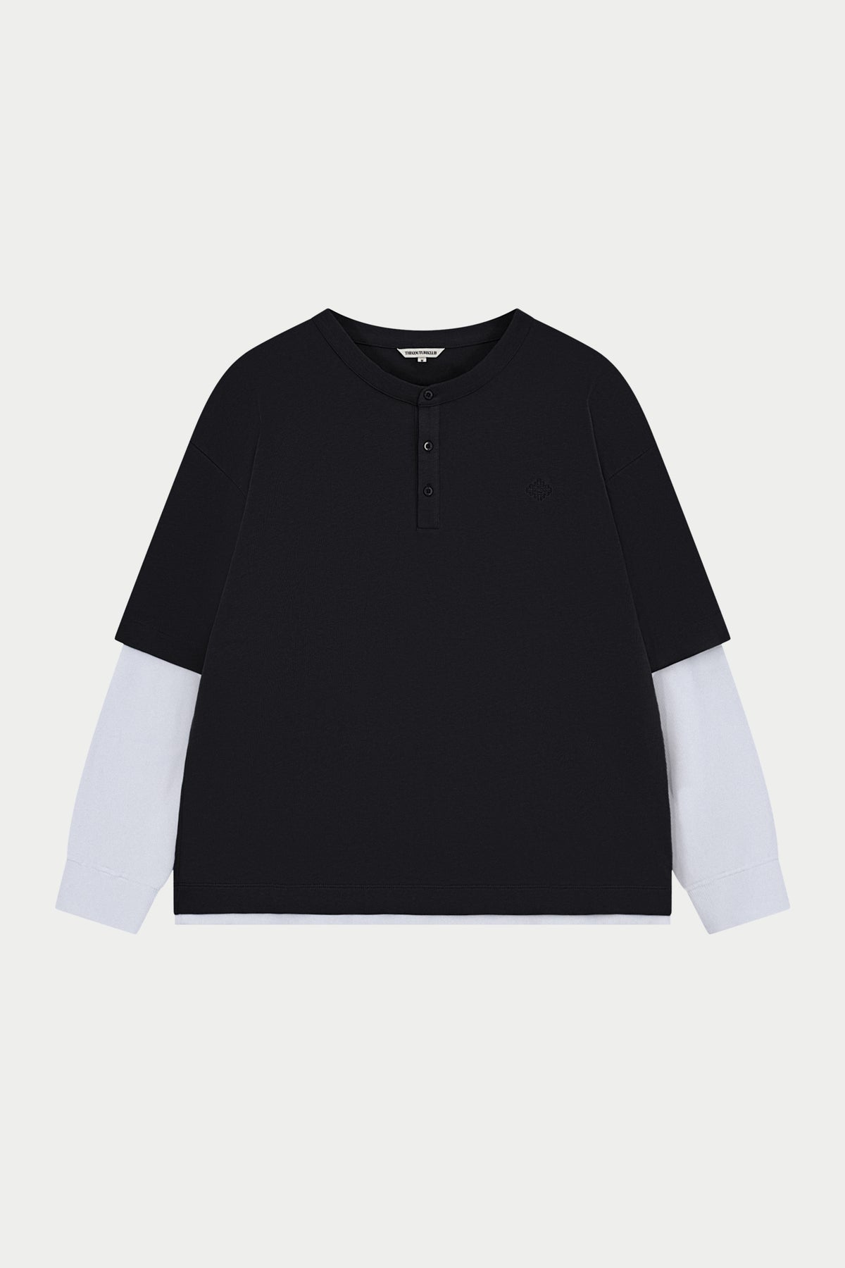 DOUBLE LAYER HENLEY LONG SLEEVE T-SHIRT - BLACK