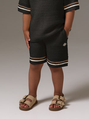 KIDS STRIPE CROCHET KNIT SHORTS - BLACK