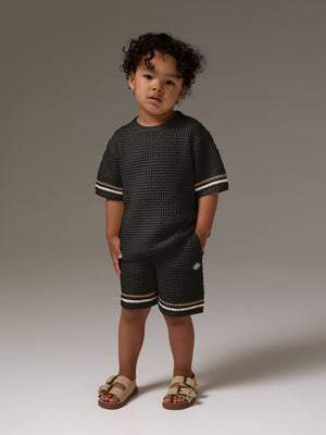 KIDS STRIPE CROCHET KNIT T-SHIRT - BLACK