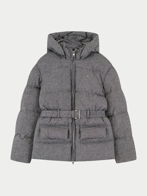 WOVEN BELTED PUFFER COAT - GREY