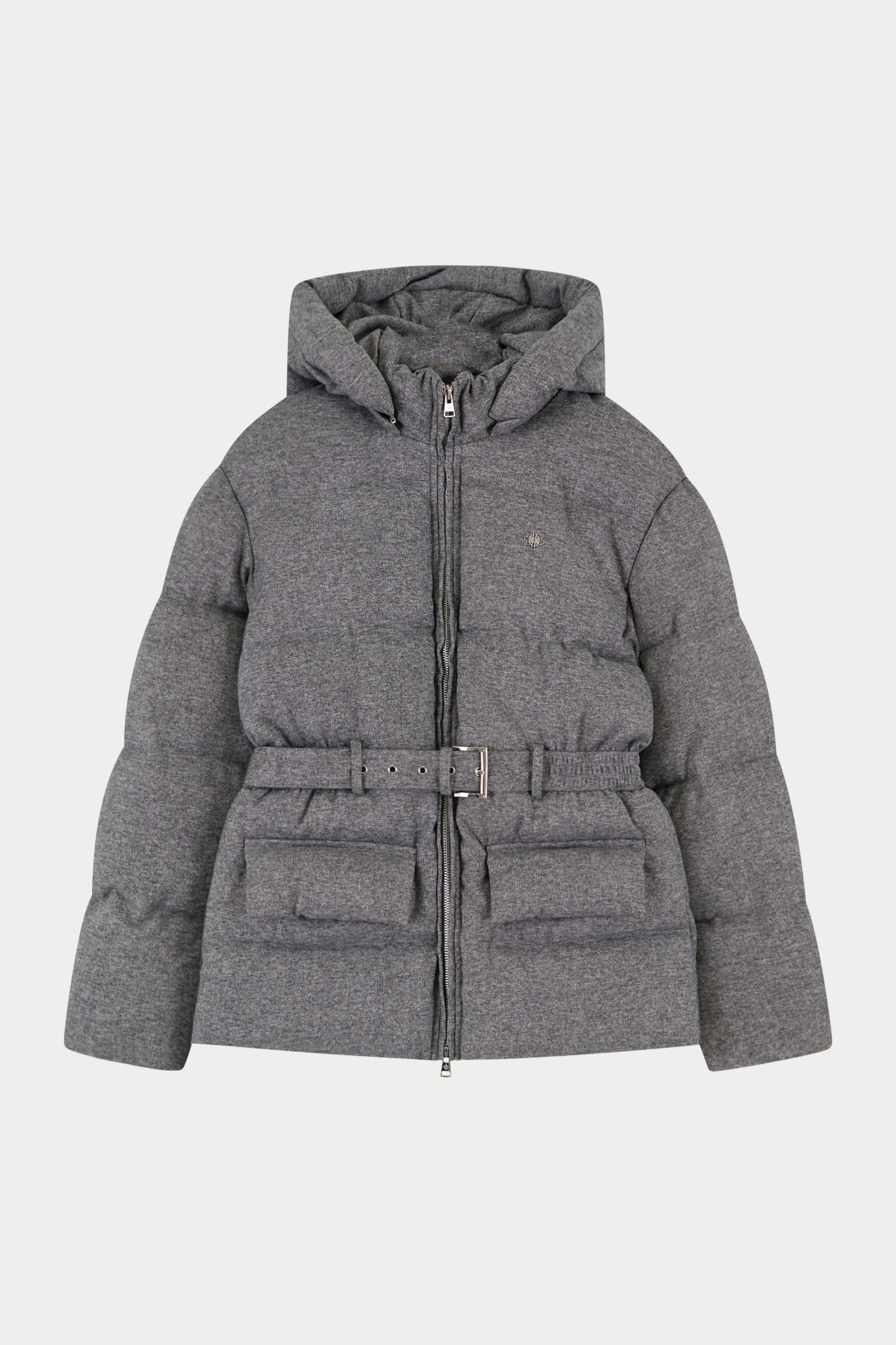 WOVEN BELTED PUFFER COAT - GREY