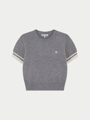 CONTRAST STRIPE SHORT SLEEVE KNIT TEE - GREY