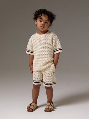 KIDS STRIPE CROCHET KNIT T-SHIRT - OFF WHITE