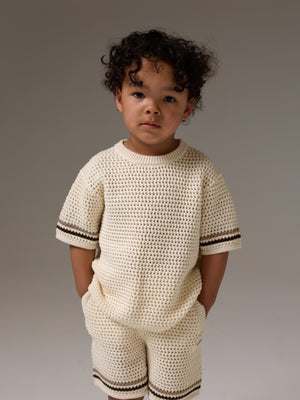 KIDS STRIPE CROCHET KNIT T-SHIRT - OFF WHITE