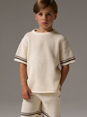 JUNIOR STRIPE CROCHET KNIT T-SHIRT - OFF WHITE
