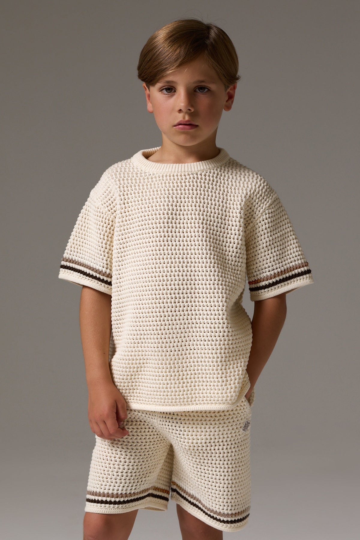 JUNIOR STRIPE CROCHET KNIT T-SHIRT - OFF WHITE