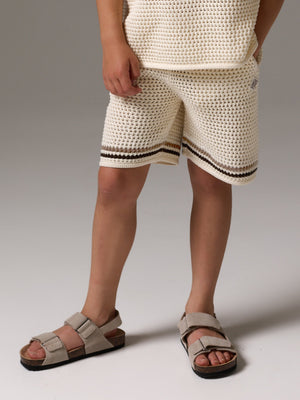 JUNIOR STRIPE CROCHET KNIT SHORTS - OFF WHITE