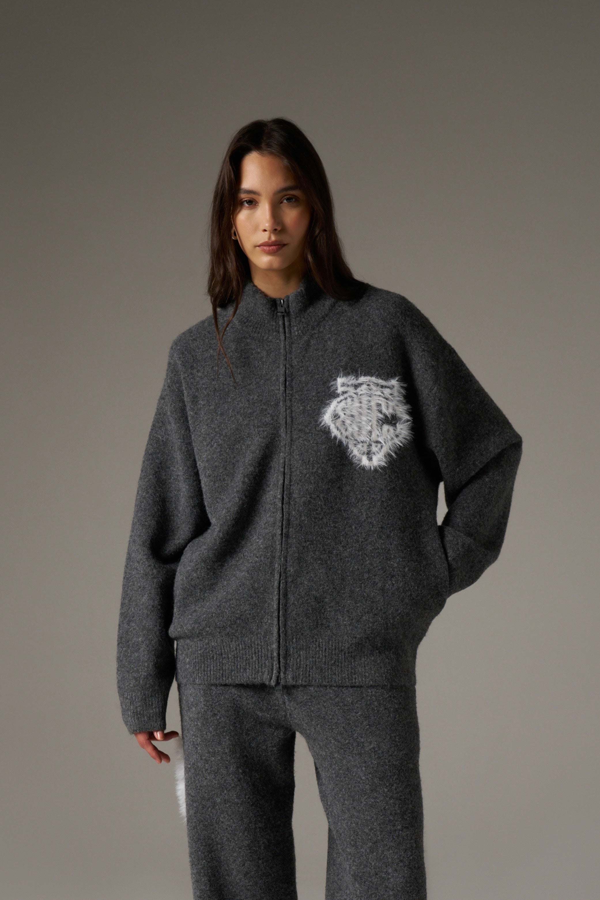 MONOGRAM FLUFFY KNIT ZIP THROUGH - CHARCOAL