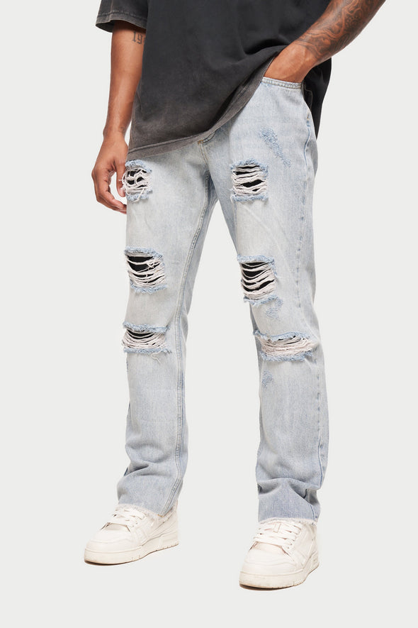 STRAIGHT LEG RIPPED JEANS - BLUE