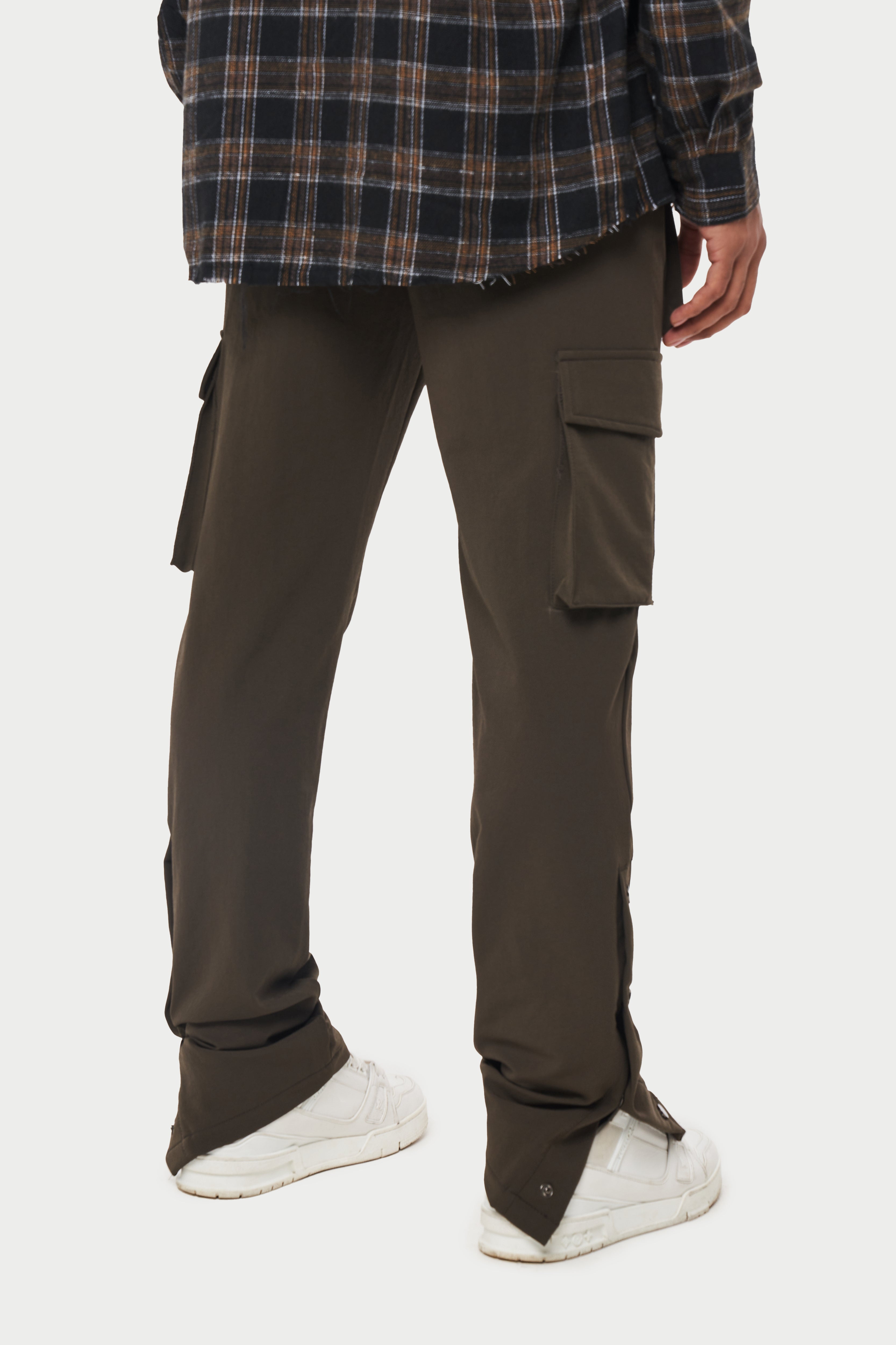 Mocha Technical Stretch Popper Detail Cargo Pants | The Couture Club
