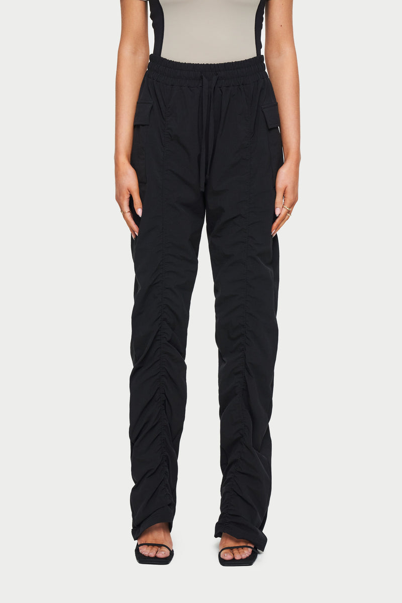 RUCHED DETAIL STRETCH CARGO PANTS - BLACK