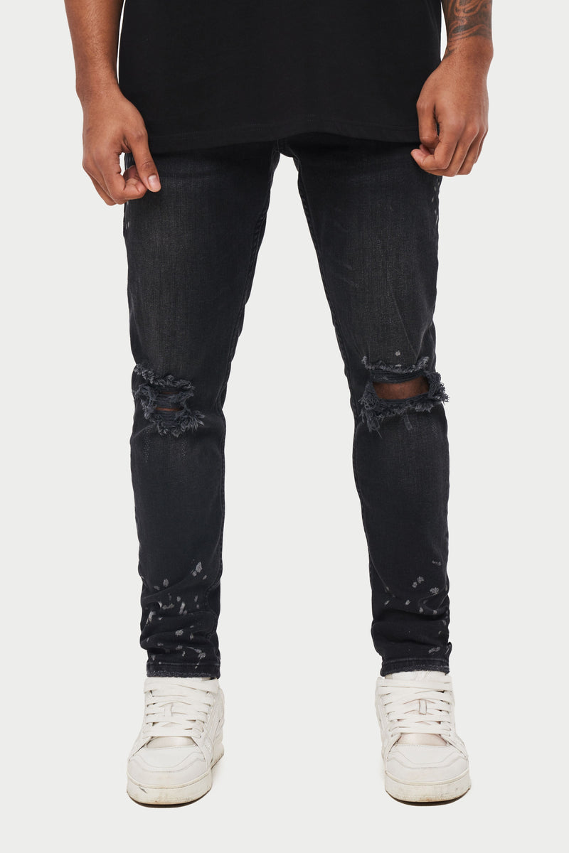 RIP AND REPAIR PAINT STACKED JEANS - BLACK WASH